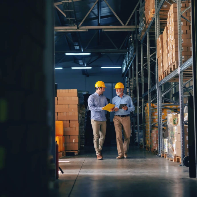 Two workers wearing safety helmets discussing in a production and distribution warehouse