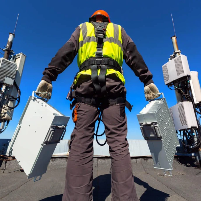 Worker on a rooftop, part of a telecommunications team